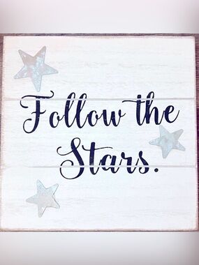 💞 New Follow the Stars Off-White, Black, & Silver Wooden Block Sign Wall Decor